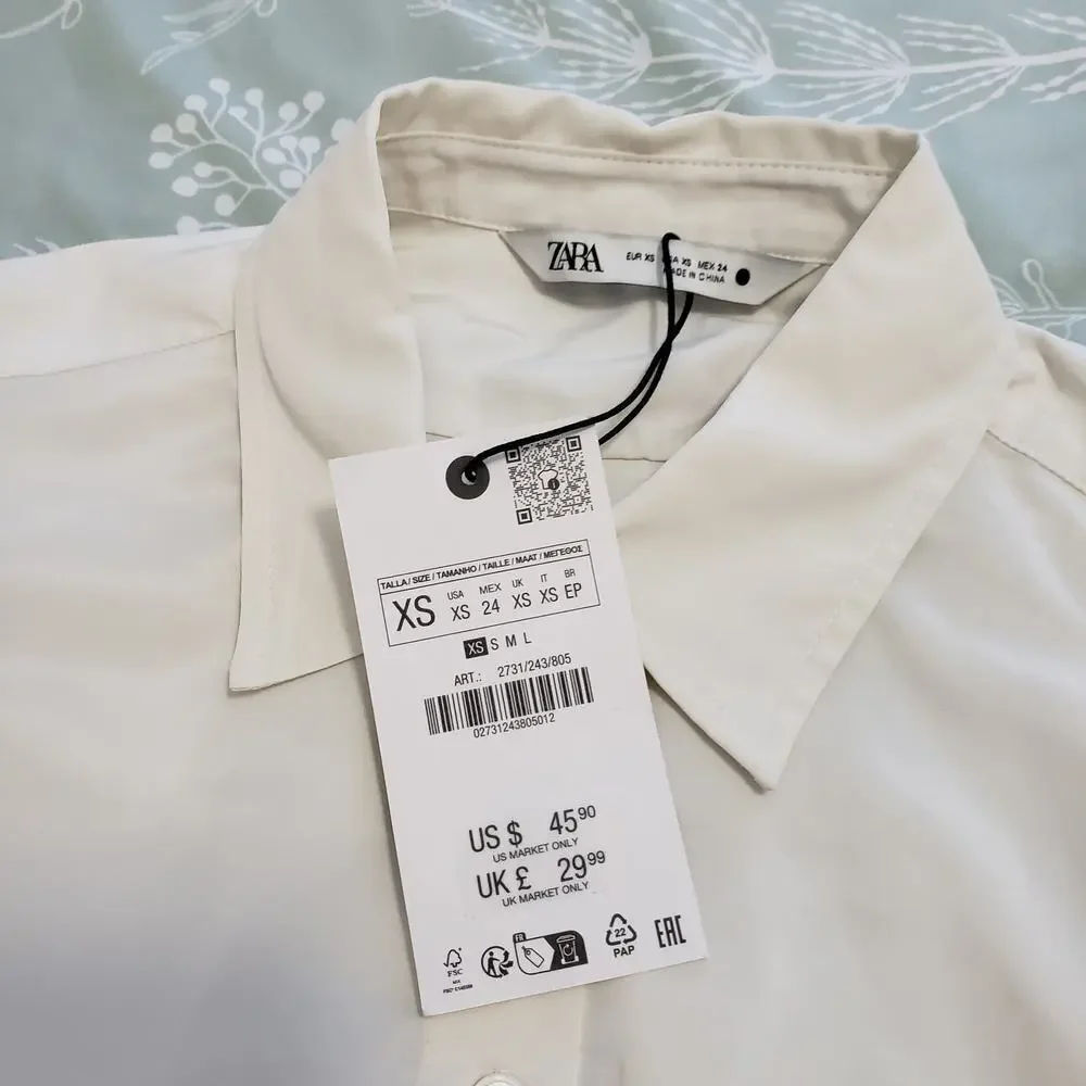 Zara lapel collar shirt short puffy sleeve Sz XS NWT Academia feminine Preppy
